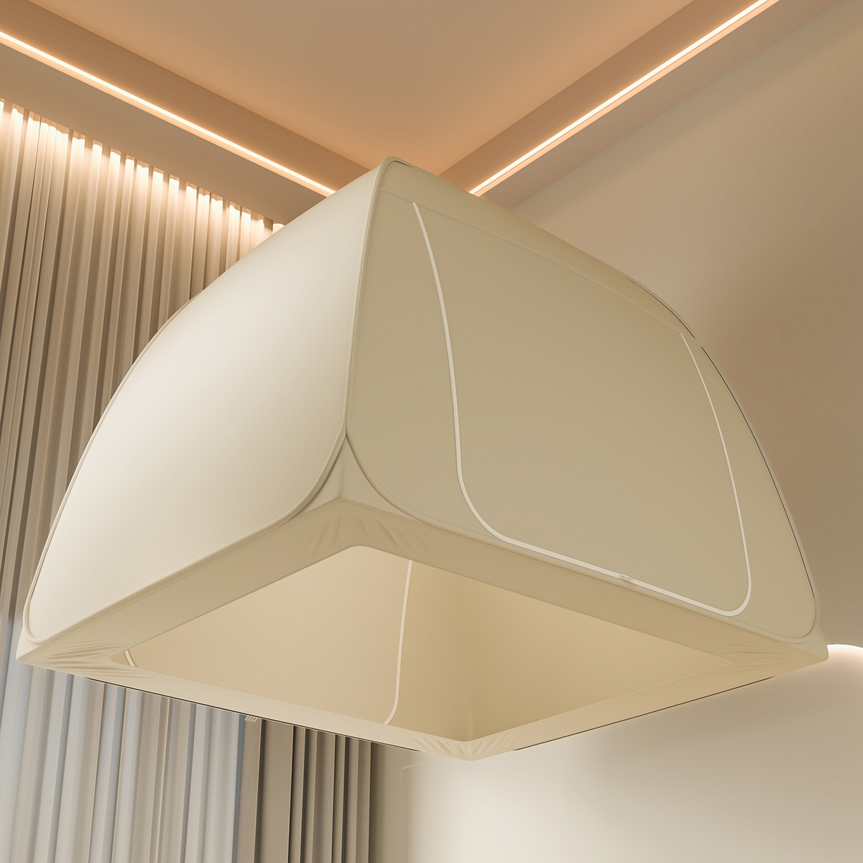 91家纺网 家纺一手货源 找家纺 海虹蚊帐 2025新款免安装保暖遮光钢丝蚊帐 米色加厚全底