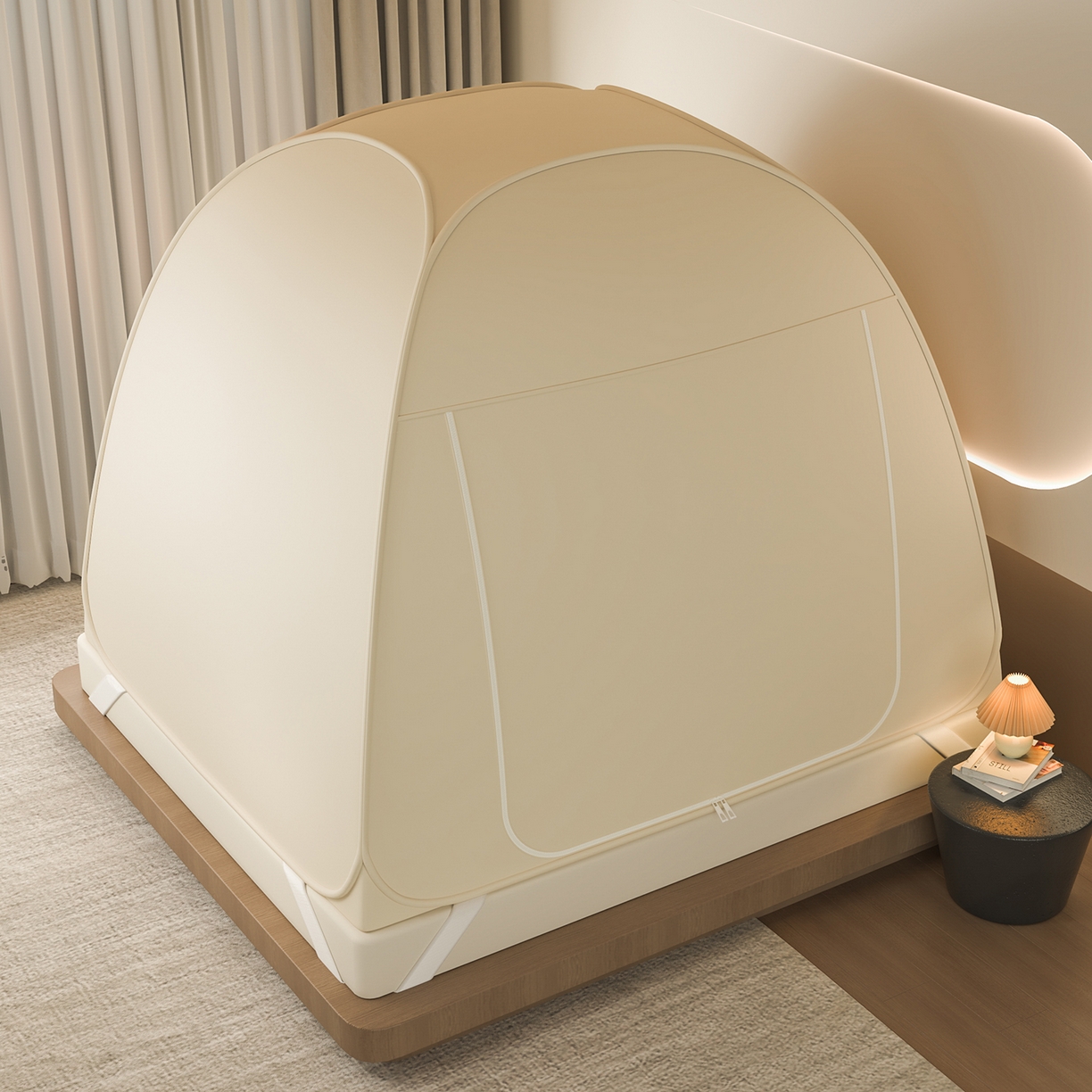 91家纺网 家纺一手货源 找家纺 海虹蚊帐 2025新款免安装保暖遮光钢丝蚊帐 米色加厚全底