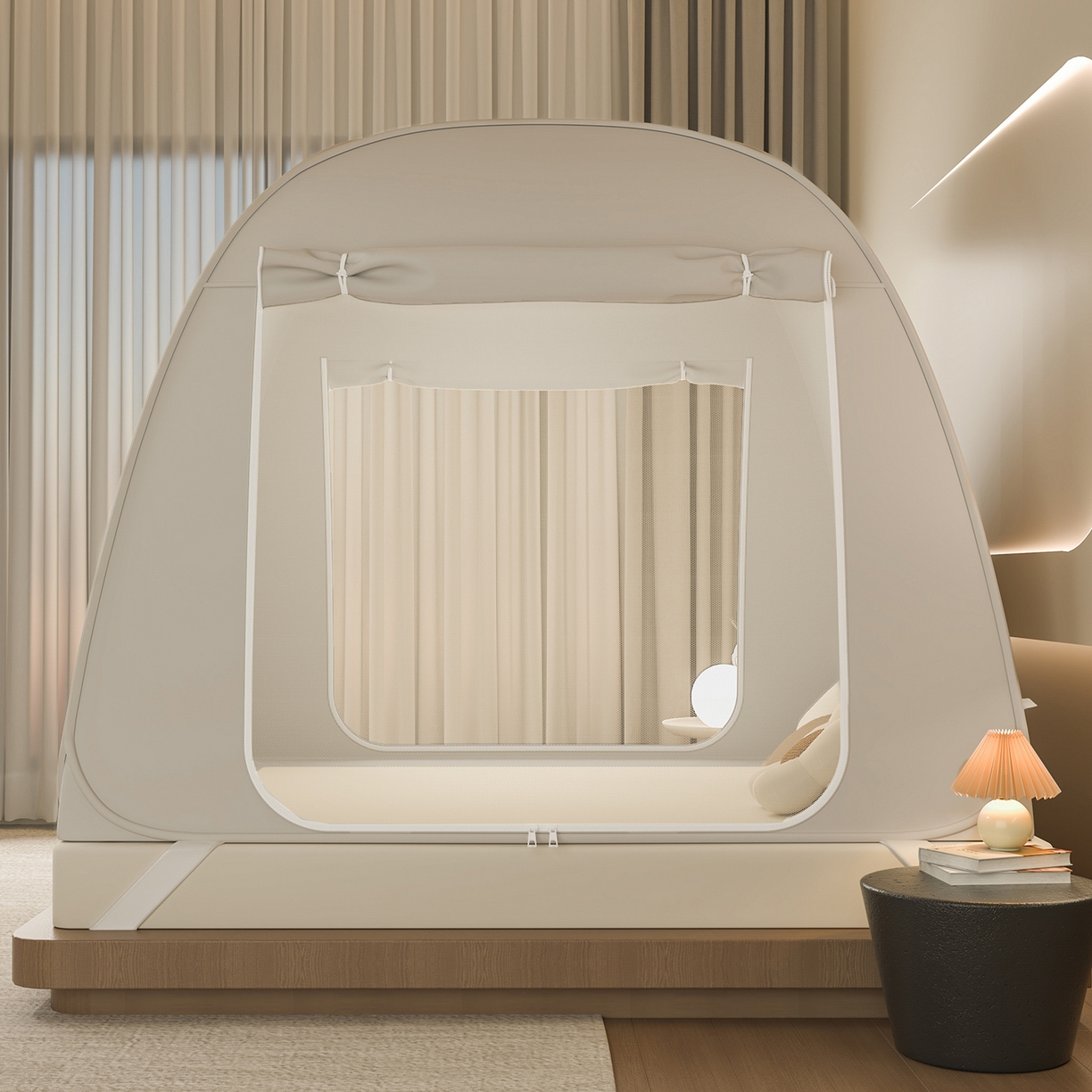 91家纺网 家纺一手货源 找家纺 海虹蚊帐 2025新款免安装保暖遮光钢丝蚊帐 浅米咖加厚全底