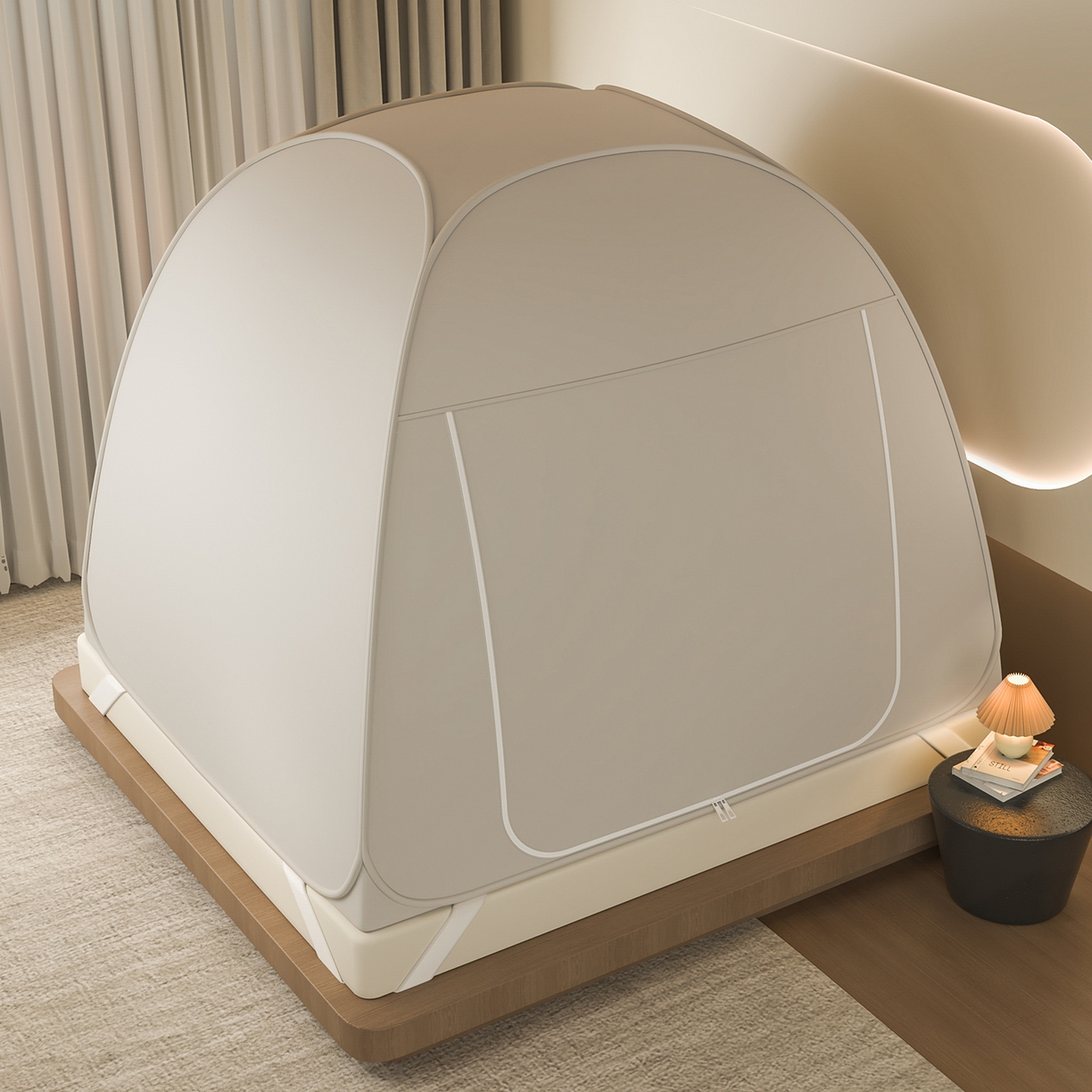 91家纺网 家纺一手货源 找家纺 海虹蚊帐 2025新款免安装保暖遮光钢丝蚊帐 浅米咖加厚全底