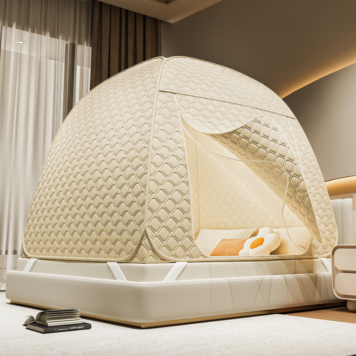 91家纺网 家纺一手货源 找家纺 海虹蚊帐 2025新款免安装保暖遮光钢丝蚊帐 米色夹棉特厚全底