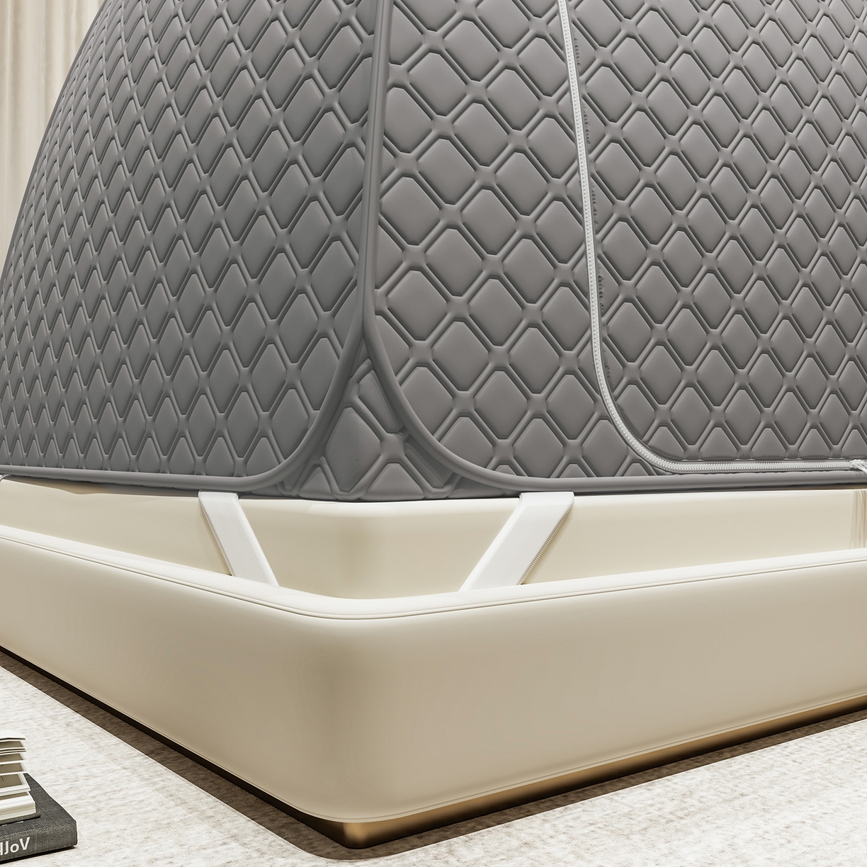 91家纺网 家纺一手货源 找家纺 海虹蚊帐 2025新款免安装保暖遮光钢丝蚊帐 浅灰夹棉特厚回底