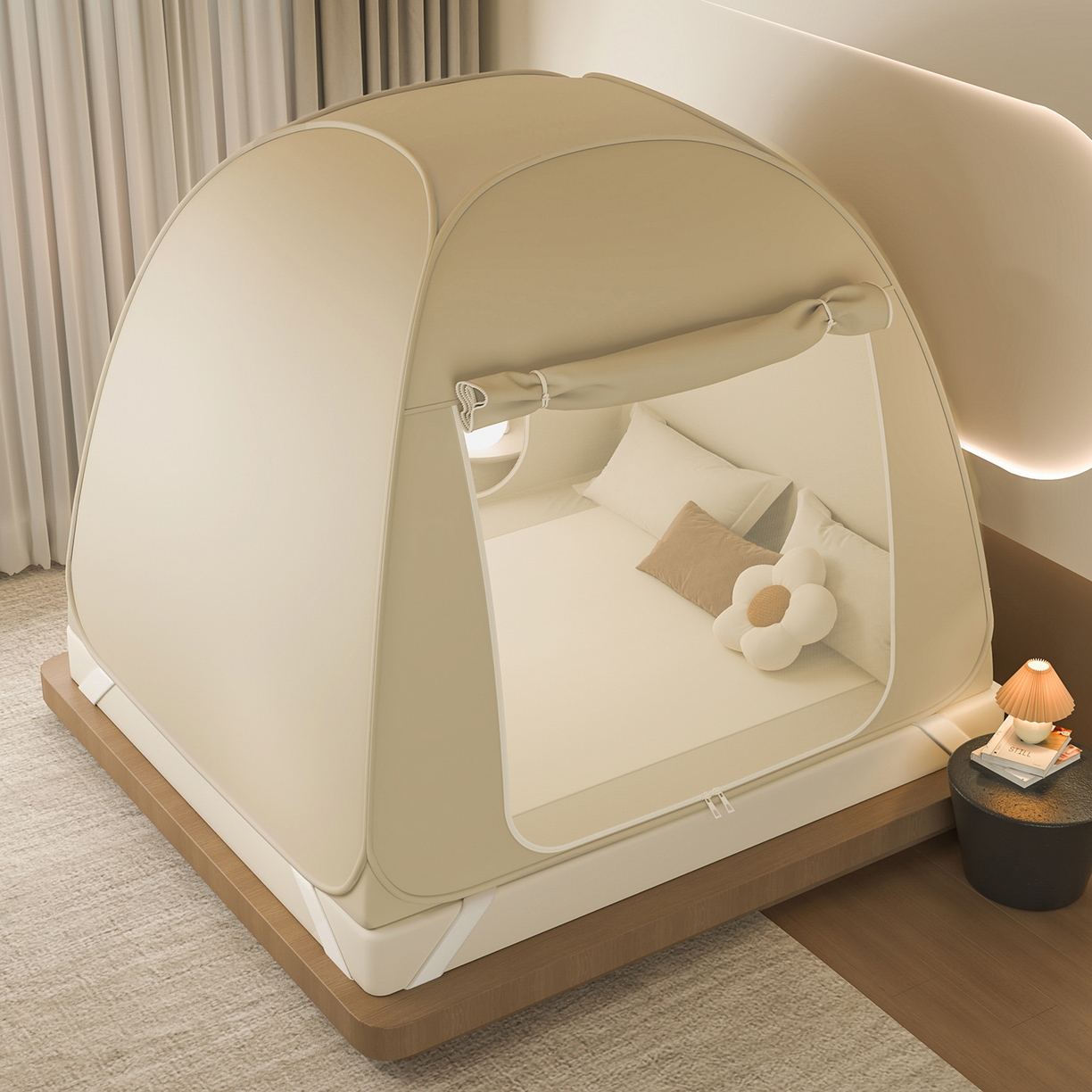 91家纺网 家纺一手货源 找家纺 海虹蚊帐 2025新款免安装保暖遮光钢丝蚊帐 米色加厚全底