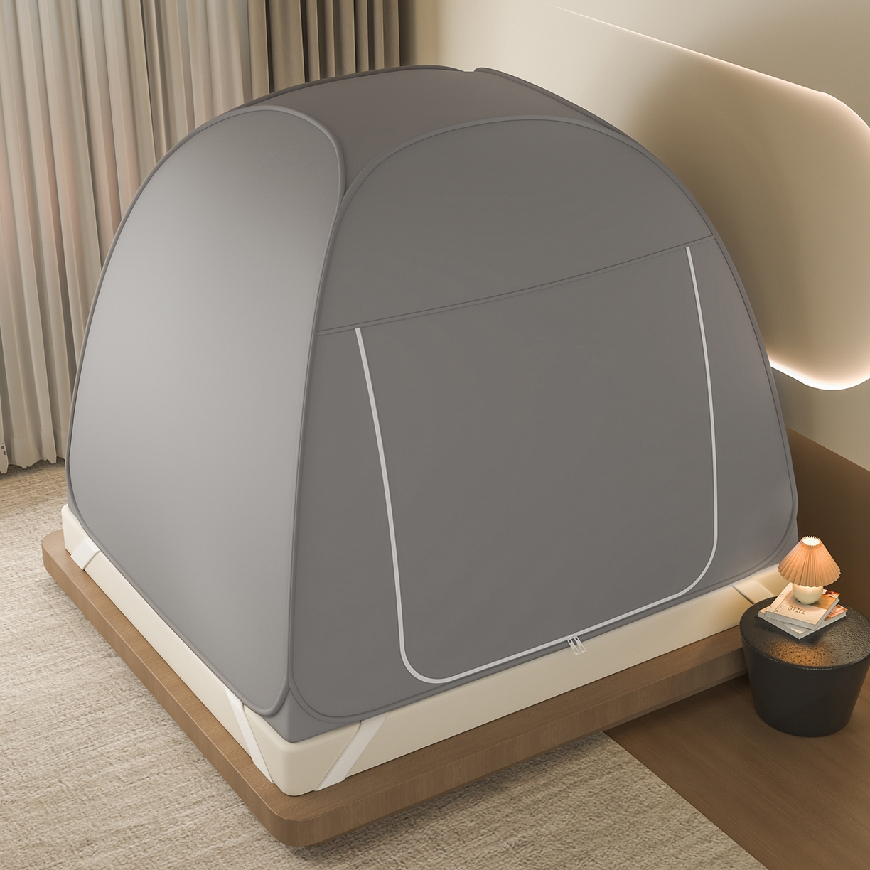 91家纺网 家纺一手货源 找家纺 海虹蚊帐 2025新款免安装保暖遮光钢丝蚊帐 浅灰加厚回底