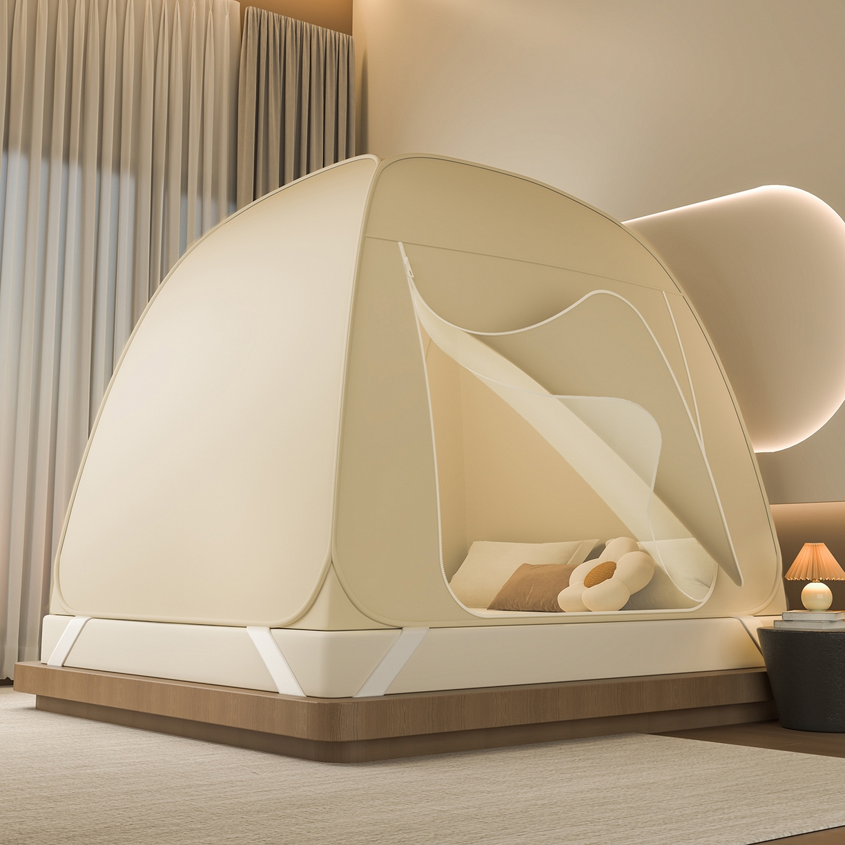 海虹蚊帐 2025新款免安装保暖遮光钢丝蚊帐 米色加厚全底