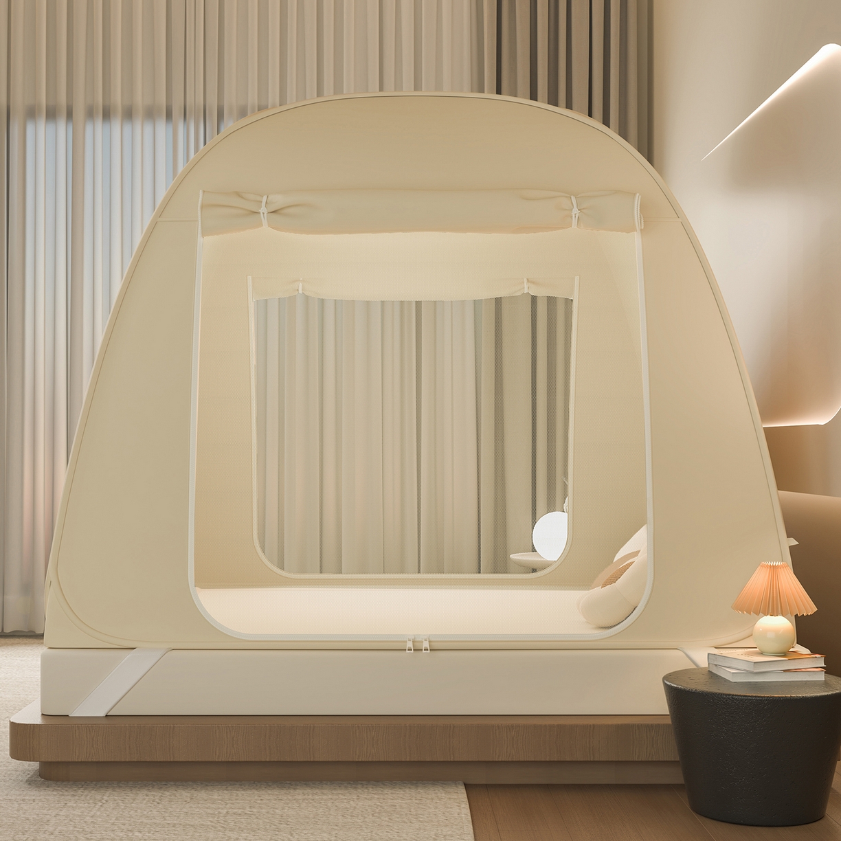 91家纺网 家纺一手货源 找家纺 海虹蚊帐 2025新款免安装保暖遮光钢丝蚊帐 米色加厚全底