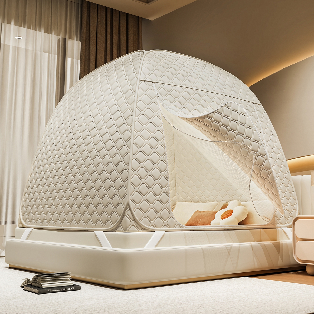 91家纺网 家纺一手货源 找家纺 海虹蚊帐 2025新款免安装保暖遮光钢丝蚊帐 浅米咖夹棉特厚全底