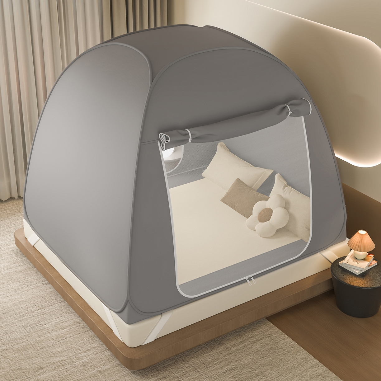 海虹蚊帐 2025新款免安装保暖遮光钢丝蚊帐 浅灰加厚回底