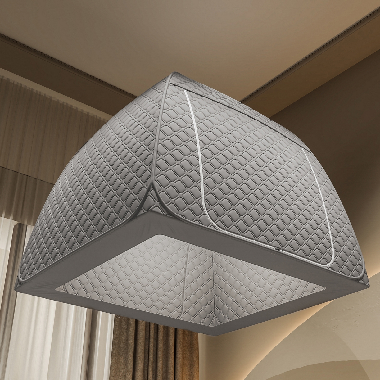 91家纺网 家纺一手货源 找家纺 海虹蚊帐 2025新款免安装保暖遮光钢丝蚊帐 浅灰夹棉特厚全底