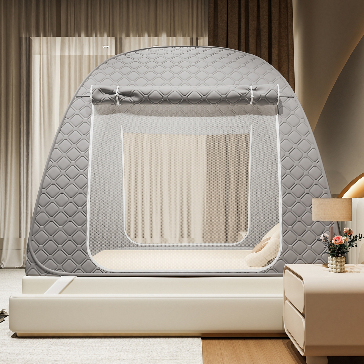 91家纺网 家纺一手货源 找家纺 海虹蚊帐 2025新款免安装保暖遮光钢丝蚊帐 浅灰夹棉特厚全底