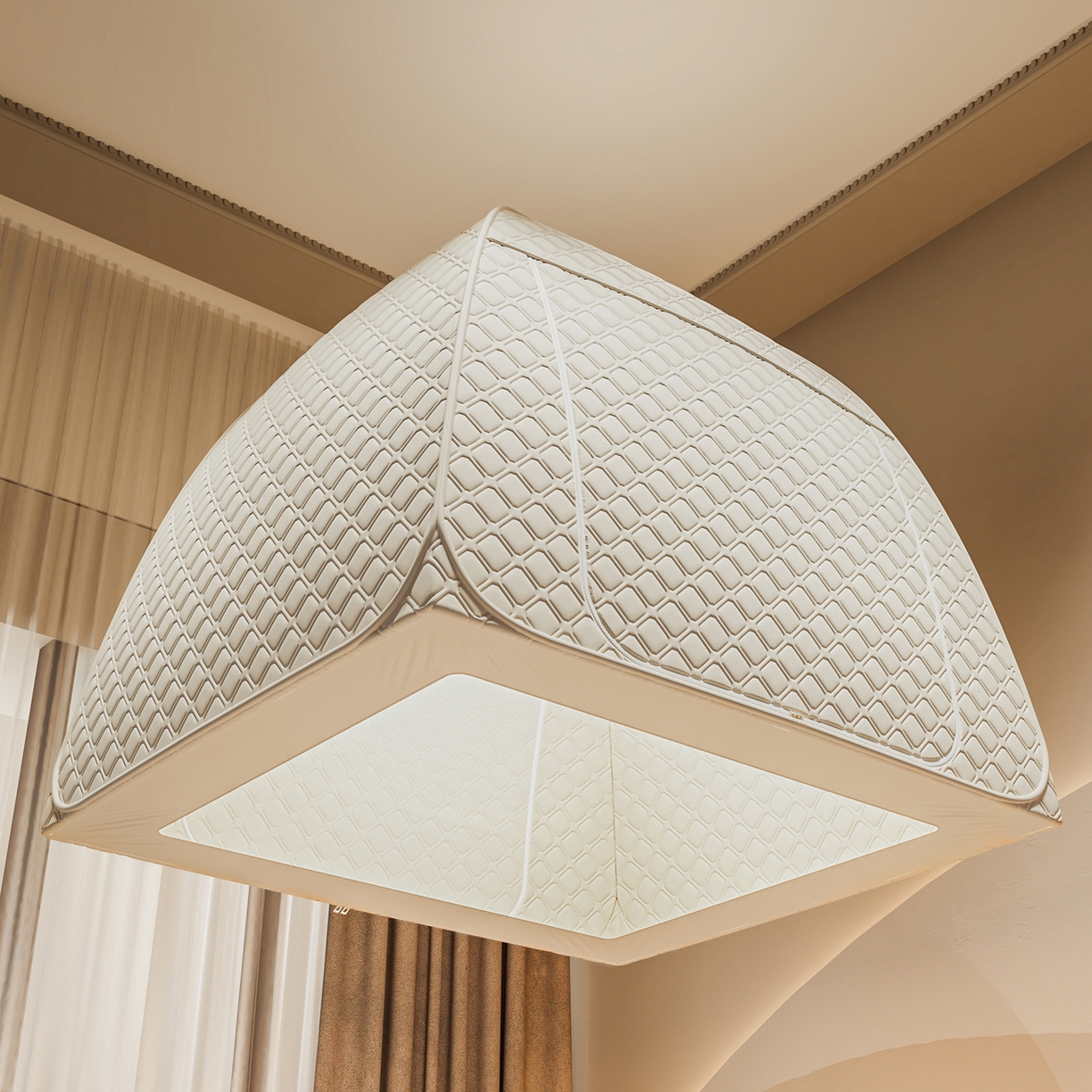 91家纺网 家纺一手货源 找家纺 海虹蚊帐 2025新款免安装保暖遮光钢丝蚊帐 浅米咖夹棉特厚全底