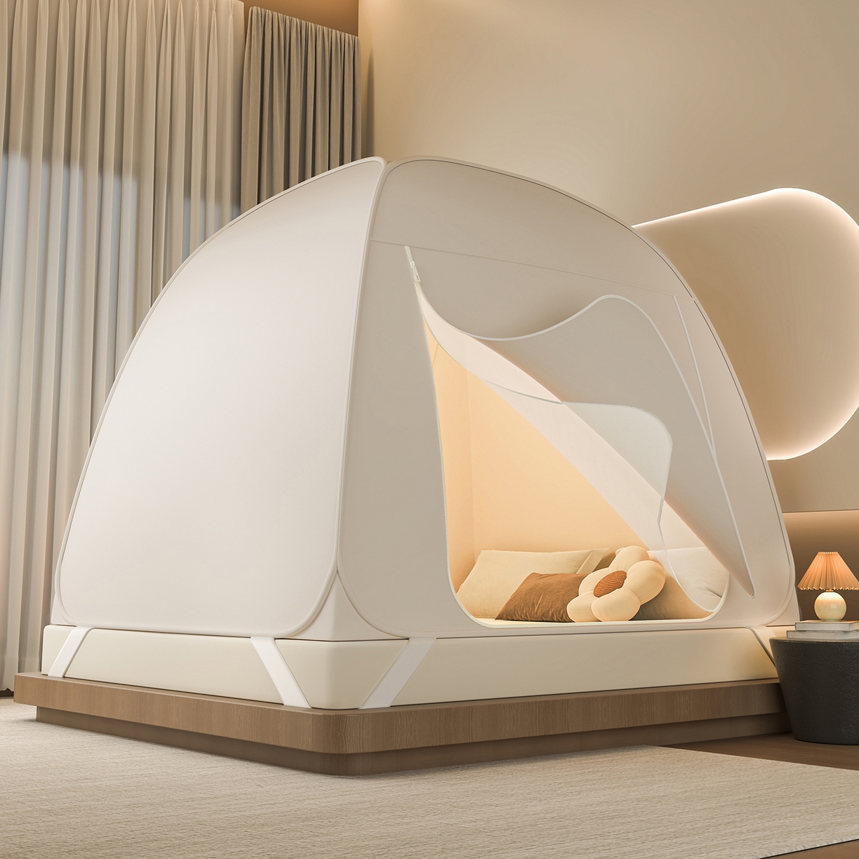 海虹蚊帐 2025新款免安装保暖遮光钢丝蚊帐 浅米咖加厚全底