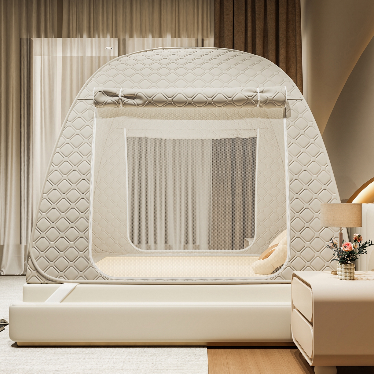 91家纺网 家纺一手货源 找家纺 海虹蚊帐 2025新款免安装保暖遮光钢丝蚊帐 浅米咖夹棉特厚全底