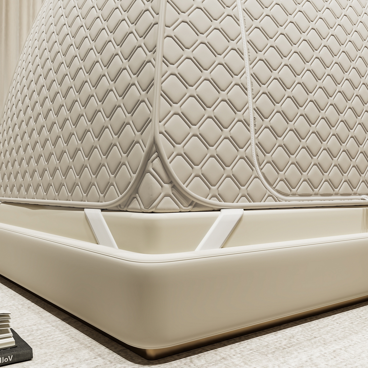 91家纺网 家纺一手货源 找家纺 海虹蚊帐 2025新款免安装保暖遮光钢丝蚊帐 浅米咖夹棉特厚全底