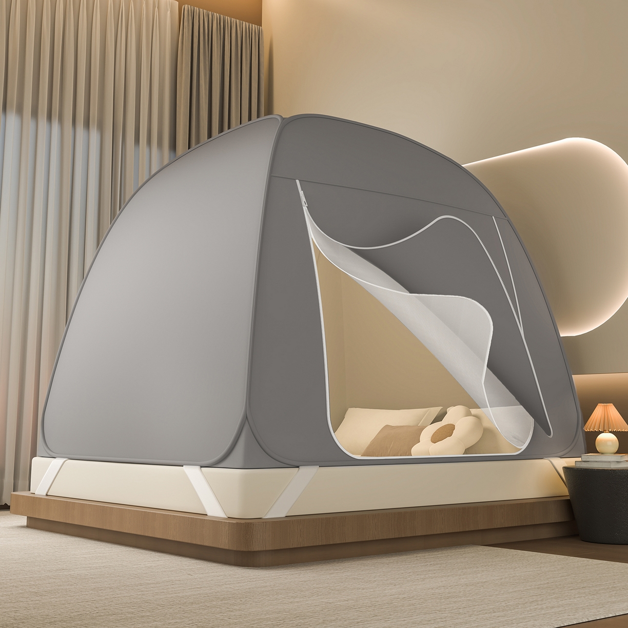 海虹蚊帐 2025新款免安装保暖遮光钢丝蚊帐 浅灰加厚全底