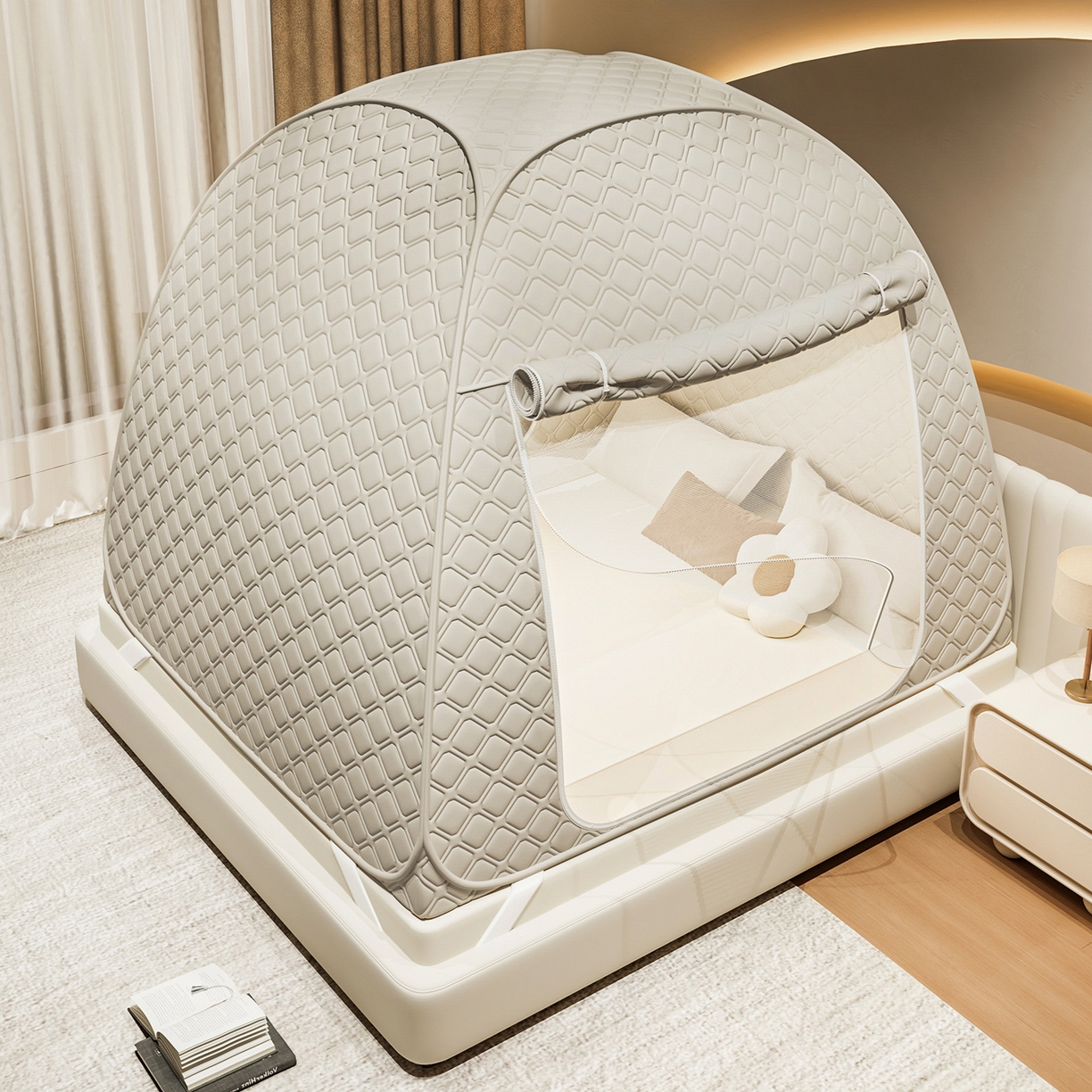 91家纺网 家纺一手货源 找家纺 海虹蚊帐 2025新款免安装保暖遮光钢丝蚊帐 浅米咖夹棉特厚全底