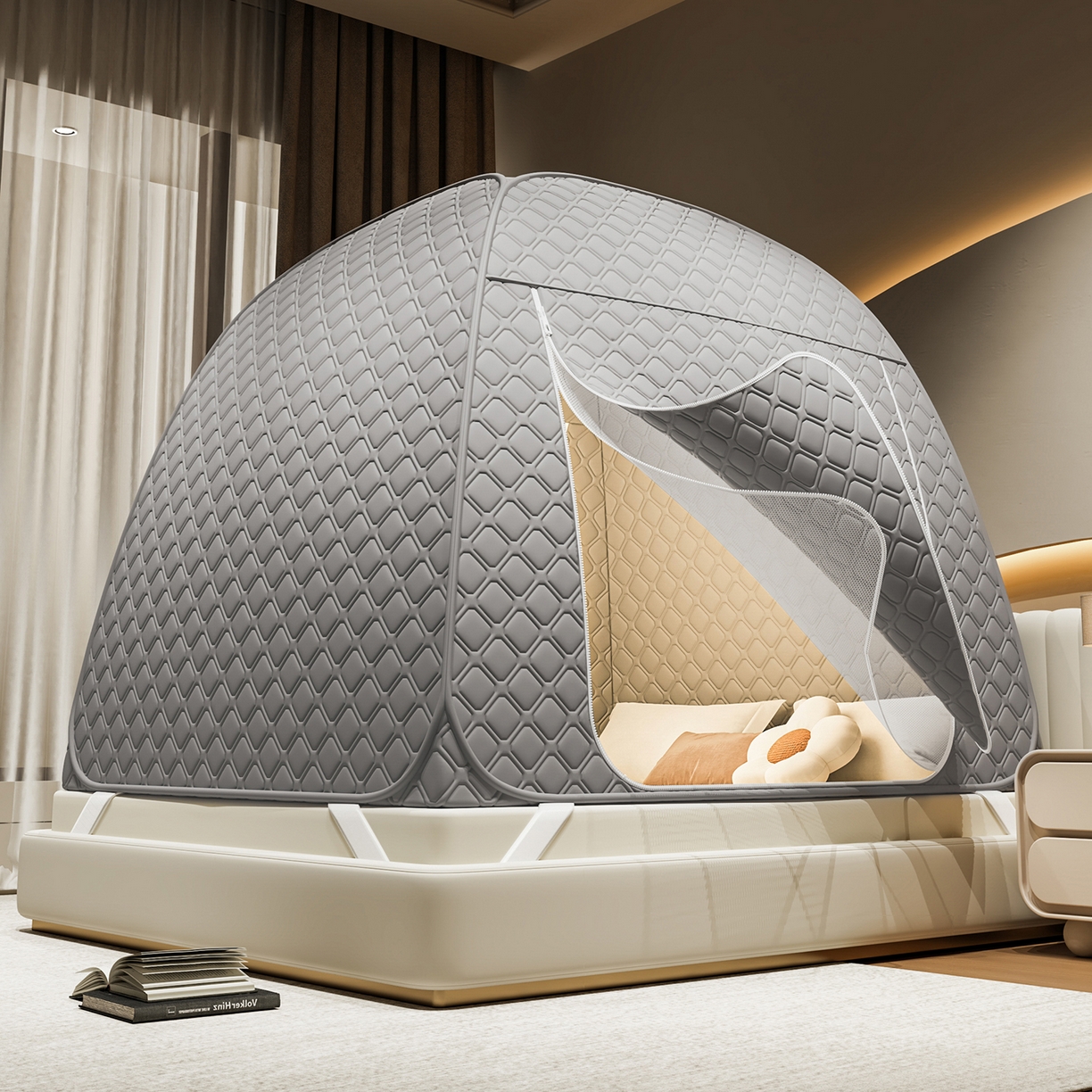 91家纺网 家纺一手货源 找家纺 海虹蚊帐 2025新款免安装保暖遮光钢丝蚊帐 浅灰夹棉特厚回底