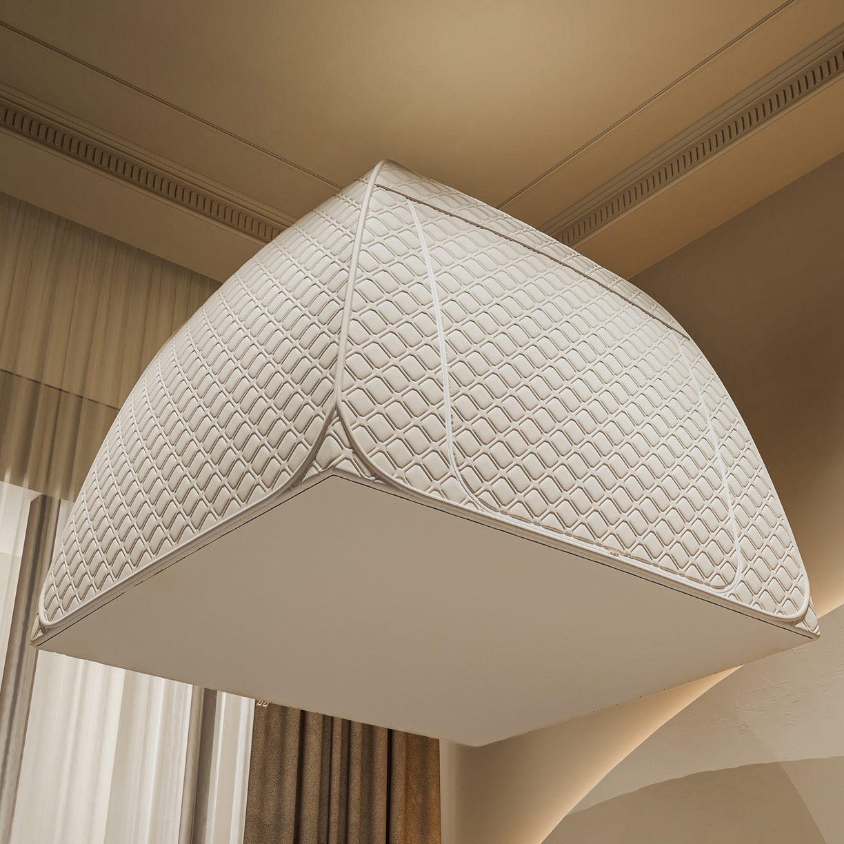 91家纺网 家纺一手货源 找家纺 海虹蚊帐 2025新款免安装保暖遮光钢丝蚊帐 浅米咖夹棉特厚全底