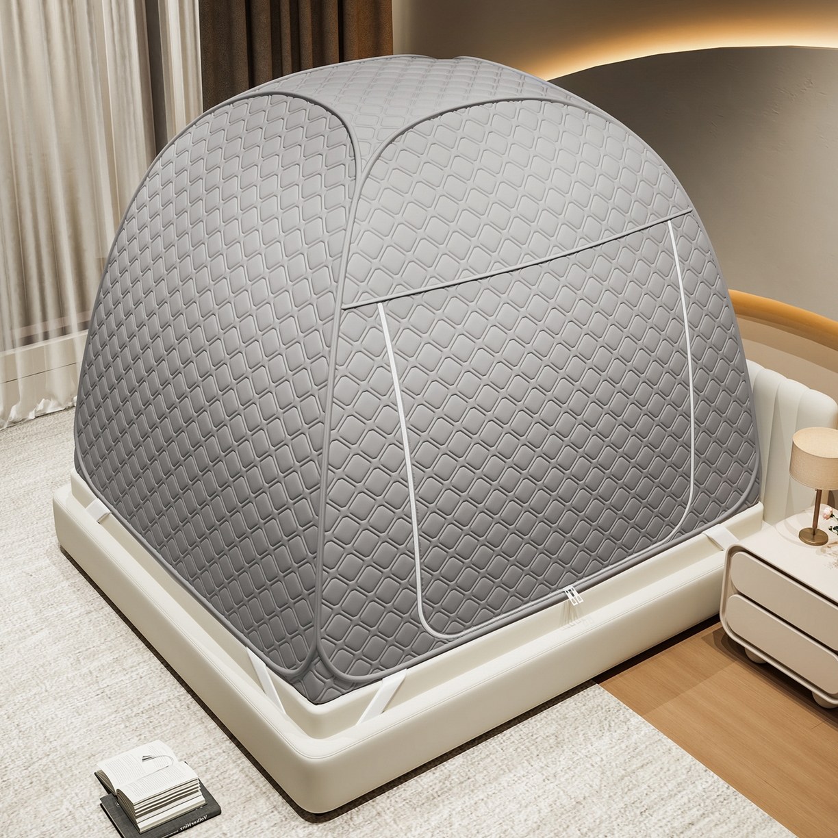 91家纺网 家纺一手货源 找家纺 海虹蚊帐 2025新款免安装保暖遮光钢丝蚊帐 浅灰夹棉特厚回底