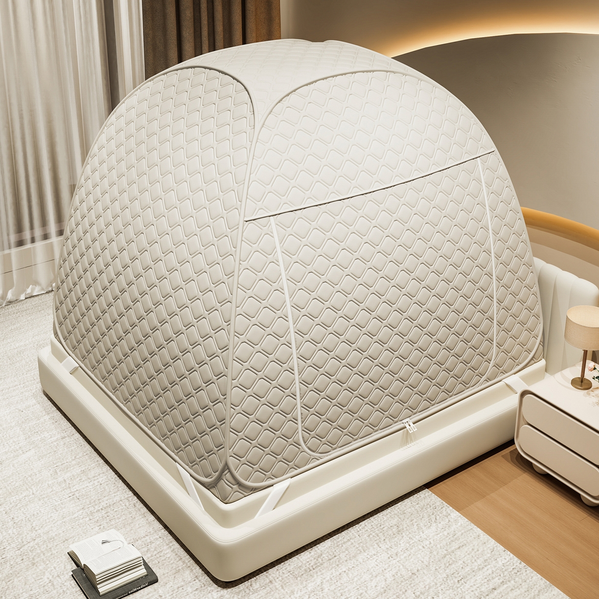 91家纺网 家纺一手货源 找家纺 海虹蚊帐 2025新款免安装保暖遮光钢丝蚊帐 浅米咖夹棉特厚全底