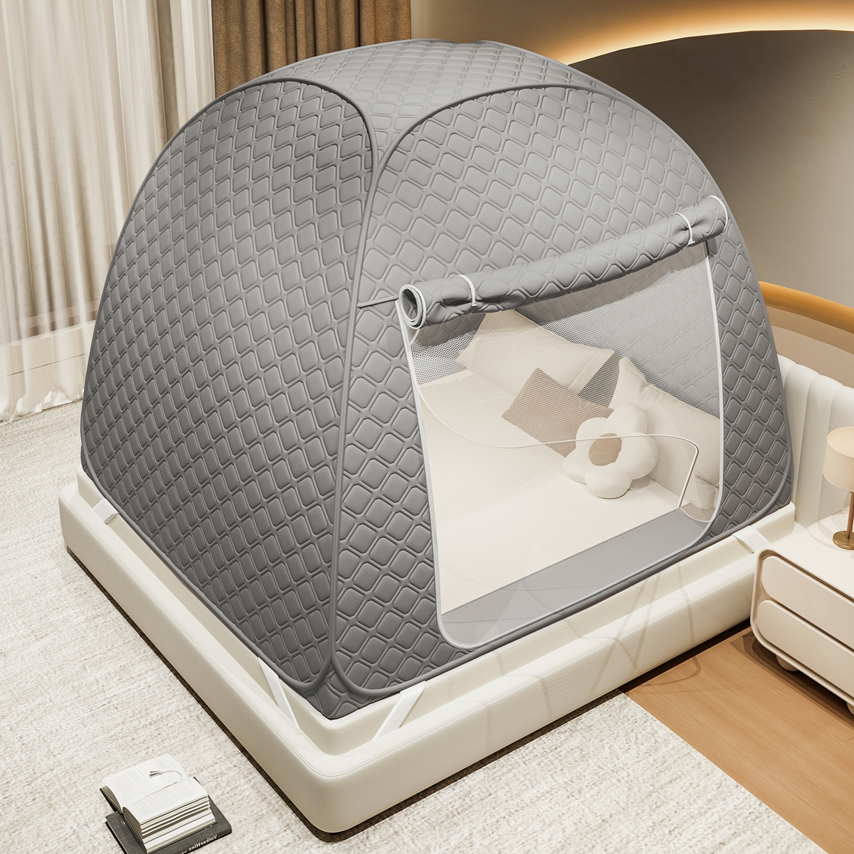 91家纺网 家纺一手货源 找家纺 海虹蚊帐 2025新款免安装保暖遮光钢丝蚊帐 浅灰夹棉特厚回底