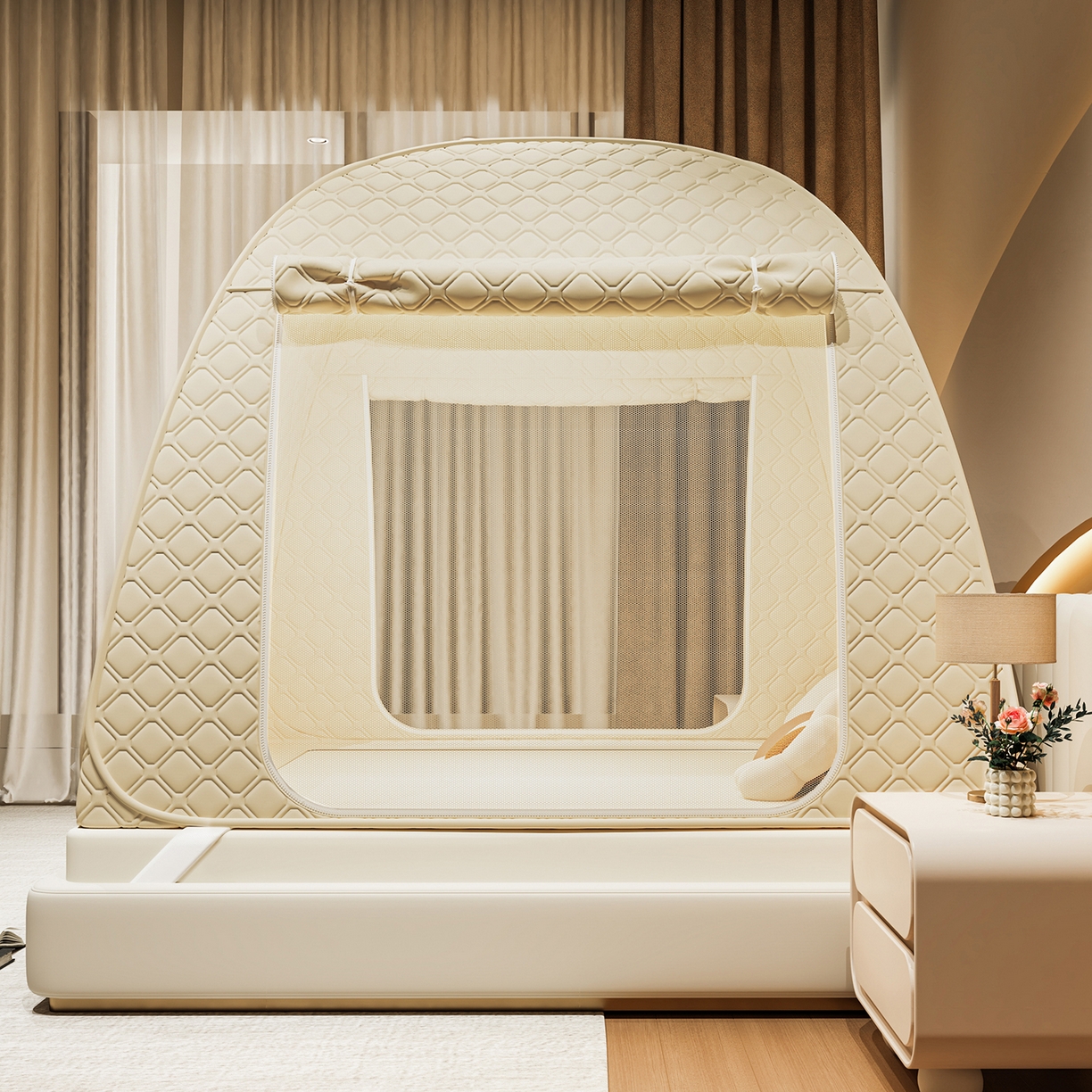 91家纺网 家纺一手货源 找家纺 海虹蚊帐 2025新款免安装保暖遮光钢丝蚊帐 米色夹棉特厚全底