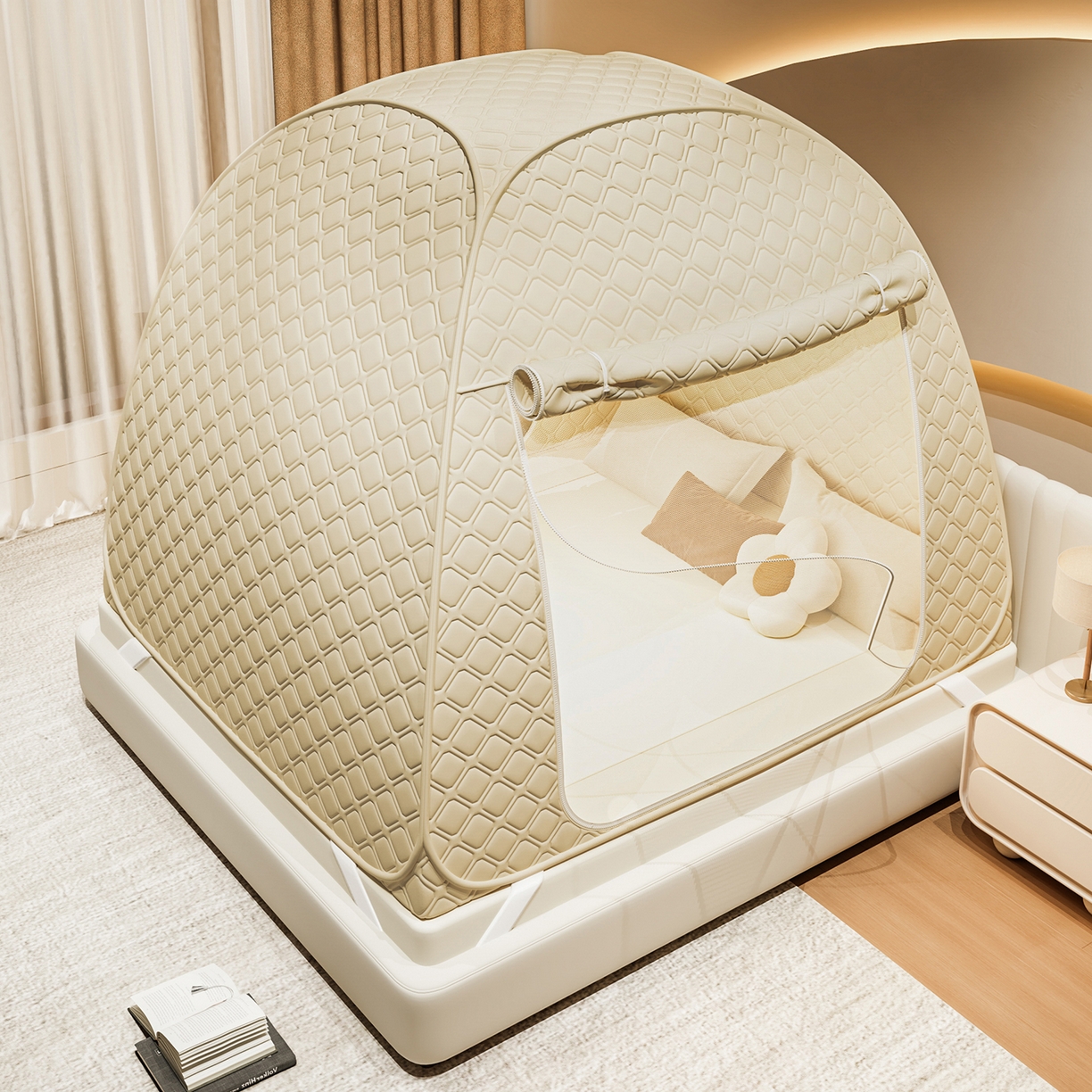 91家纺网 家纺一手货源 找家纺 海虹蚊帐 2025新款免安装保暖遮光钢丝蚊帐 米色夹棉特厚全底