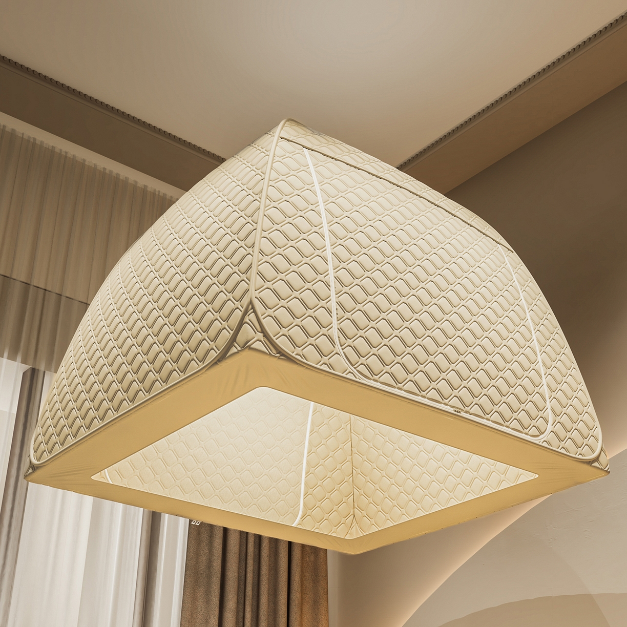 91家纺网 家纺一手货源 找家纺 海虹蚊帐 2025新款免安装保暖遮光钢丝蚊帐 米色夹棉特厚全底