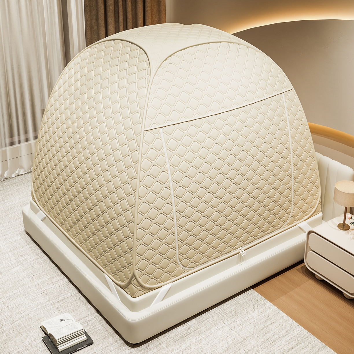 91家纺网 家纺一手货源 找家纺 海虹蚊帐 2025新款免安装保暖遮光钢丝蚊帐 米色夹棉特厚全底