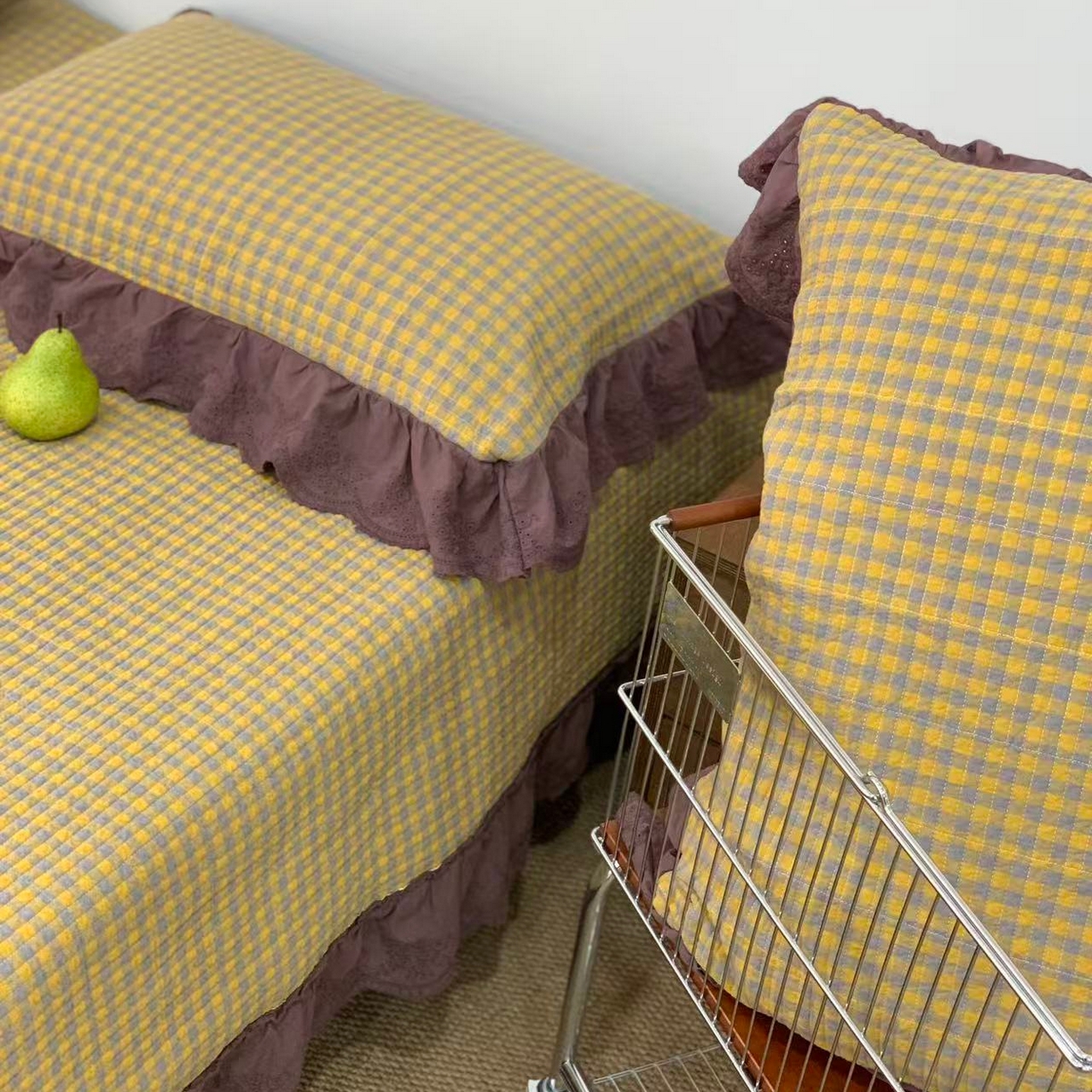 91家纺网 家纺一手货源 找家纺 （总）床盖工厂店 2025新款双面全棉纯棉填充棉花花边款床盖三件套芸素