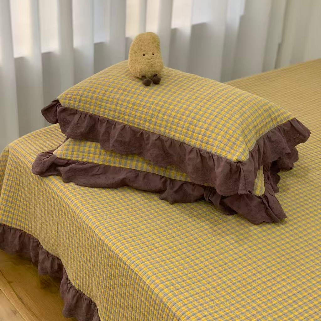 91家纺网 家纺一手货源 找家纺 （总）床盖工厂店 2025新款双面全棉纯棉填充棉花花边款床盖三件套芸素