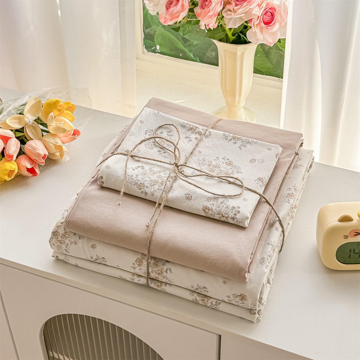 91家纺网 家纺一手货源 找家纺 梦庭帛美 2026新款云朵A类三层纱印花四件套（提供买家秀） 甜桔