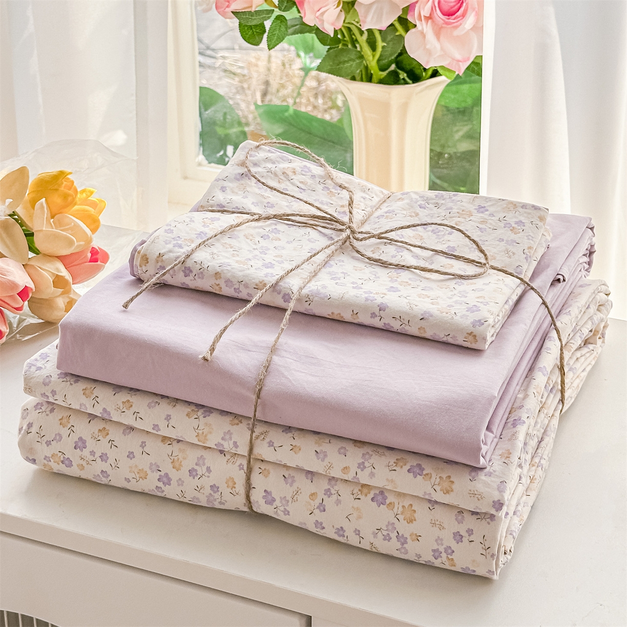 91家纺网 家纺一手货源 找家纺 梦庭帛美 2026新款云朵A类三层纱印花四件套（提供买家秀） 花千朵