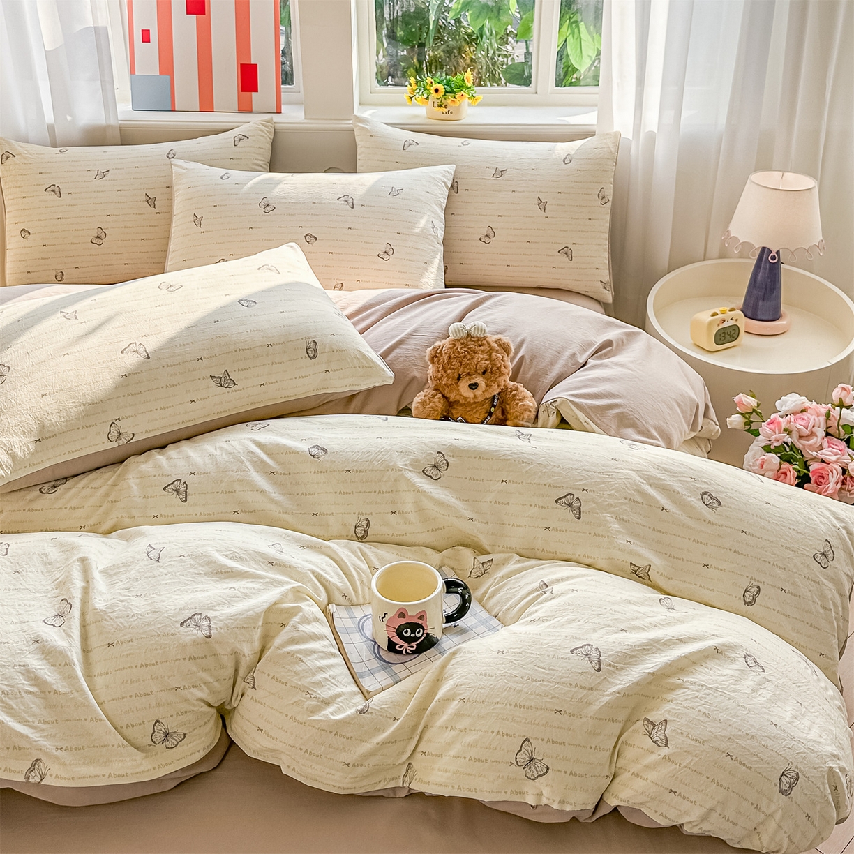 91家纺网 家纺一手货源 找家纺 梦庭帛美 2026新款云朵A类三层纱印花四件套（提供买家秀） 漫花蝶舞