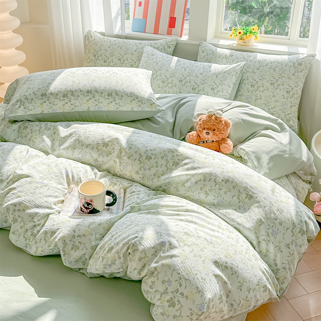 91家纺网 家纺一手货源 找家纺 梦庭帛美 2026新款云朵A类三层纱印花四件套（提供买家秀） 知否咖