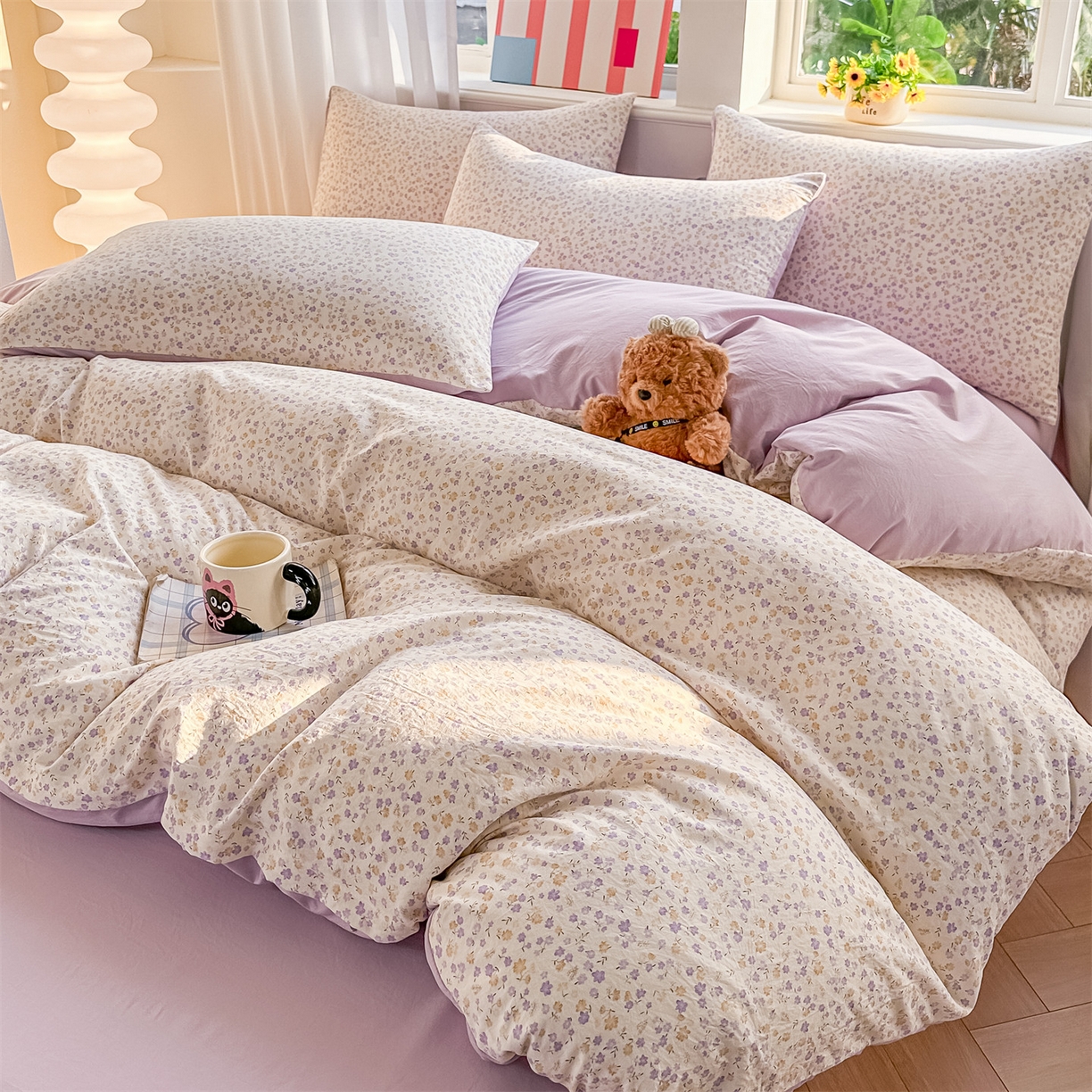 91家纺网 家纺一手货源 找家纺 梦庭帛美 2026新款云朵A类三层纱印花四件套（提供买家秀） 花千朵