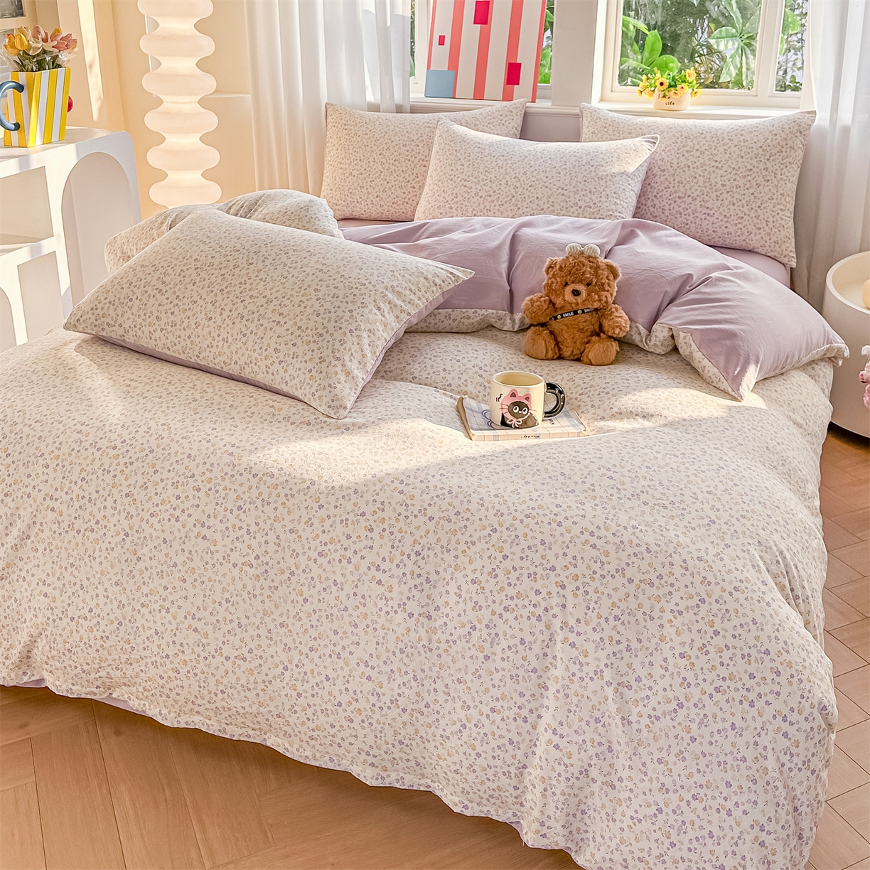 91家纺网 家纺一手货源 找家纺 梦庭帛美 2026新款云朵A类三层纱印花四件套（提供买家秀） 花千朵