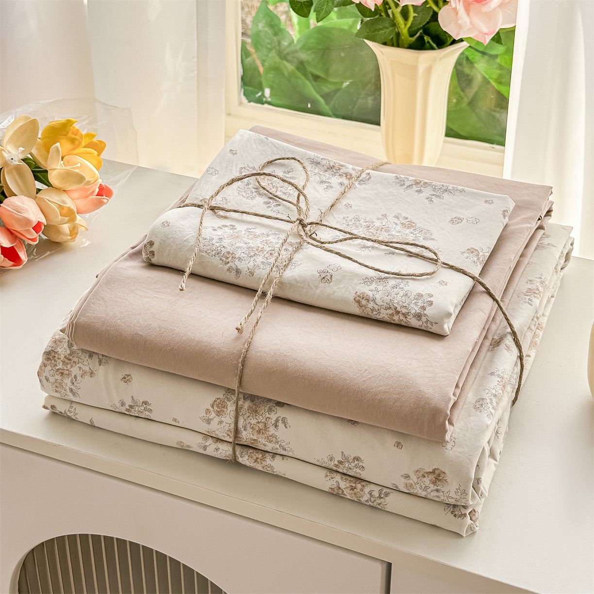 91家纺网 家纺一手货源 找家纺 梦庭帛美 2026新款云朵A类三层纱印花四件套（提供买家秀） 甜桔