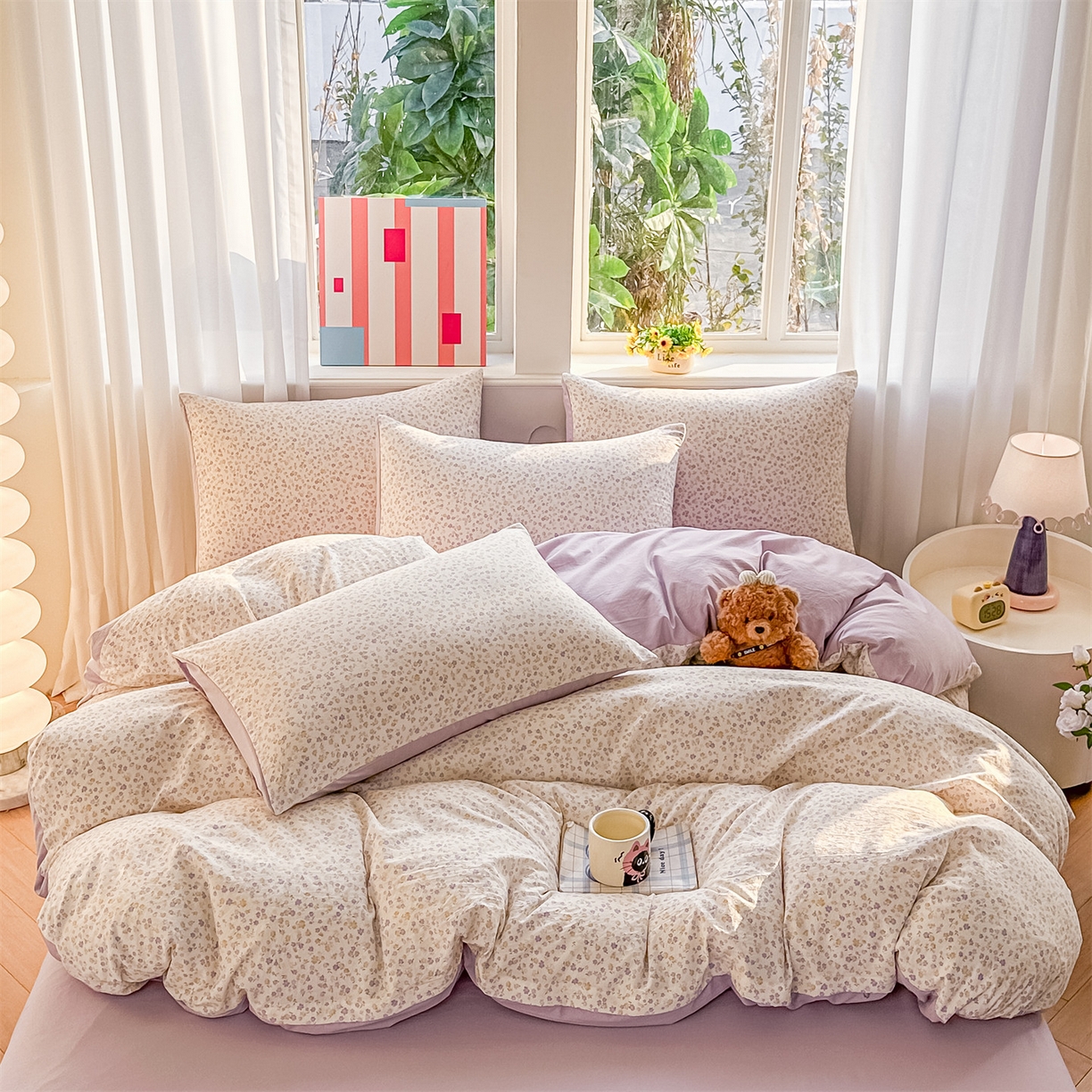 91家纺网 家纺一手货源 找家纺 梦庭帛美 2026新款云朵A类三层纱印花四件套（提供买家秀） 花千朵