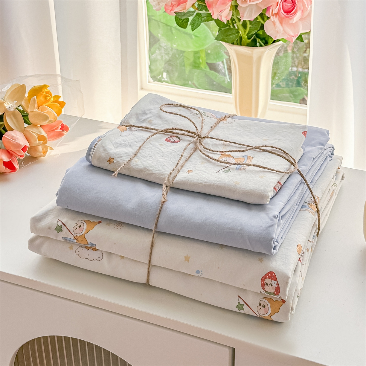 91家纺网 家纺一手货源 找家纺 梦庭帛美 2026新款云朵A类三层纱印花四件套（提供买家秀） 星星人