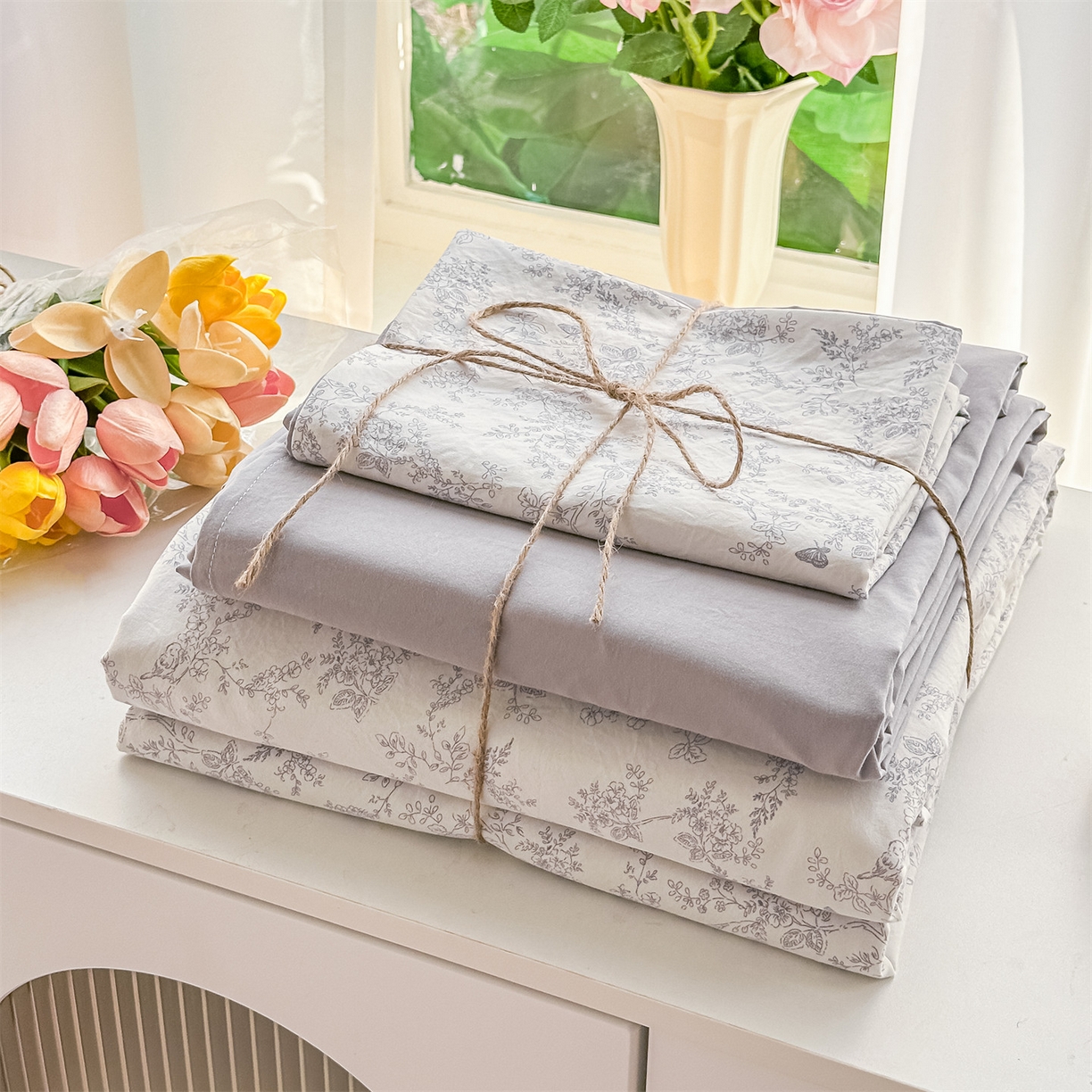 91家纺网 家纺一手货源 找家纺 梦庭帛美 2026新款云朵A类三层纱印花四件套（提供买家秀） 勒叶