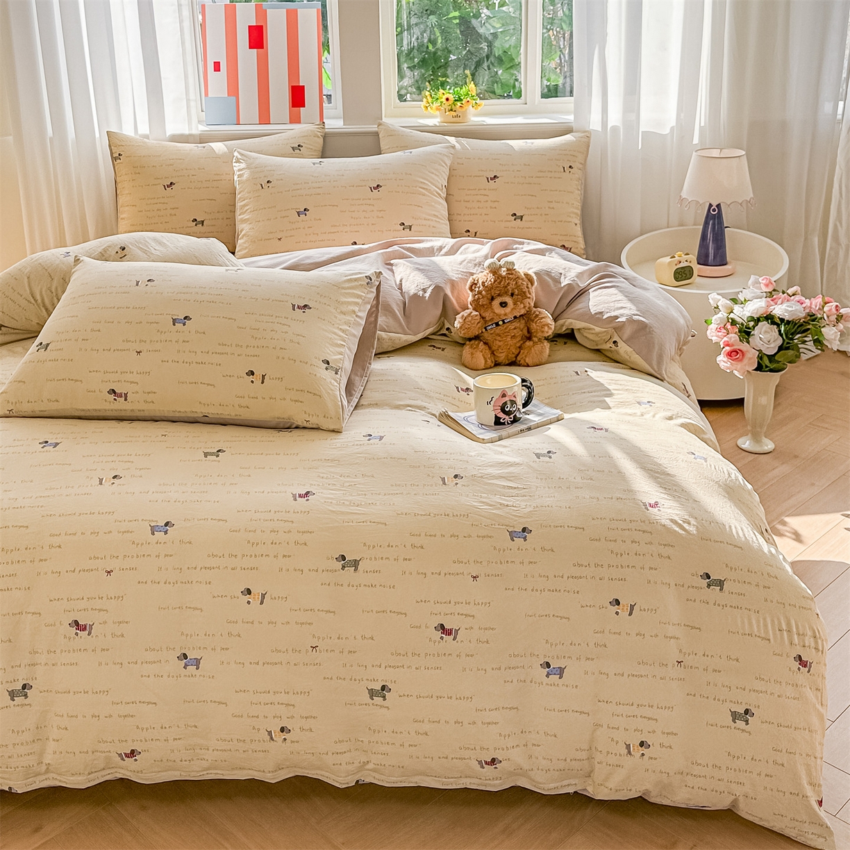 91家纺网 家纺一手货源 找家纺 梦庭帛美 2026新款云朵A类三层纱印花四件套（提供买家秀） 狗狗家族