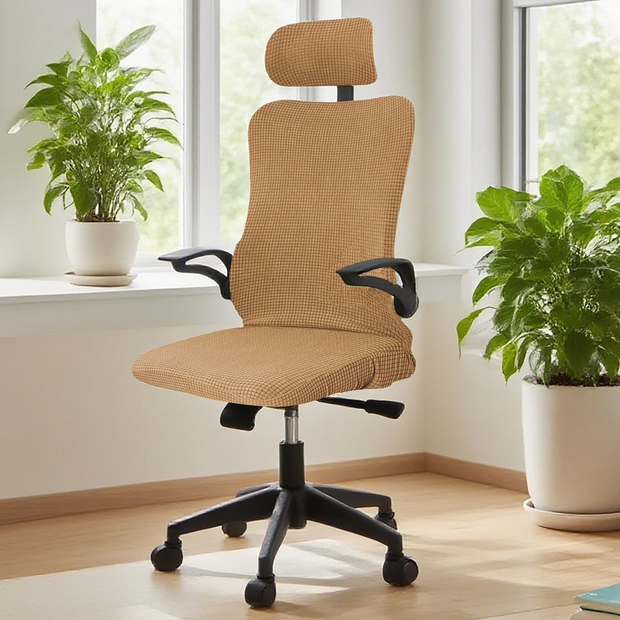 91家纺网 家纺一手货源 找家纺 壹零特色家纺 2025新款弹力玉米粒防水华夫格头枕椅套 豪华办公椅子套 奶茶色