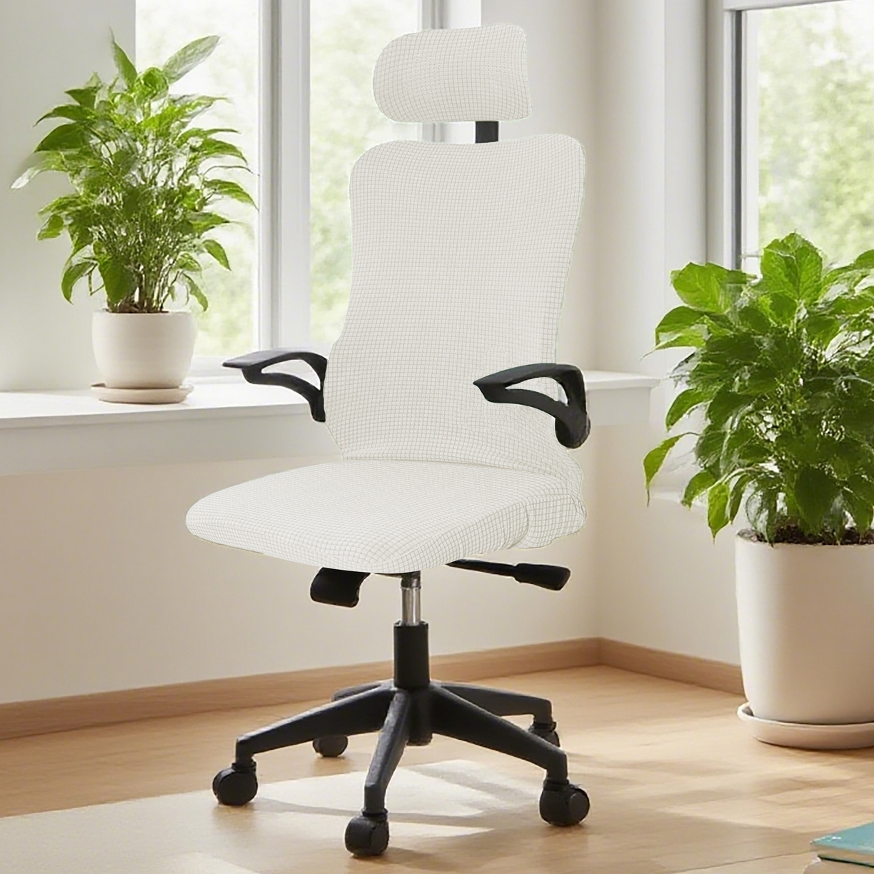 壹零特色家纺 2025新款弹力玉米粒防水华夫格头枕椅套 豪华办公椅子套 奶白