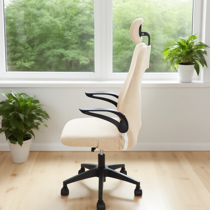 91家纺网 家纺一手货源 找家纺 壹零特色家纺 2025新款弹力玉米粒防水华夫格头枕椅套 豪华办公椅子套 米黄