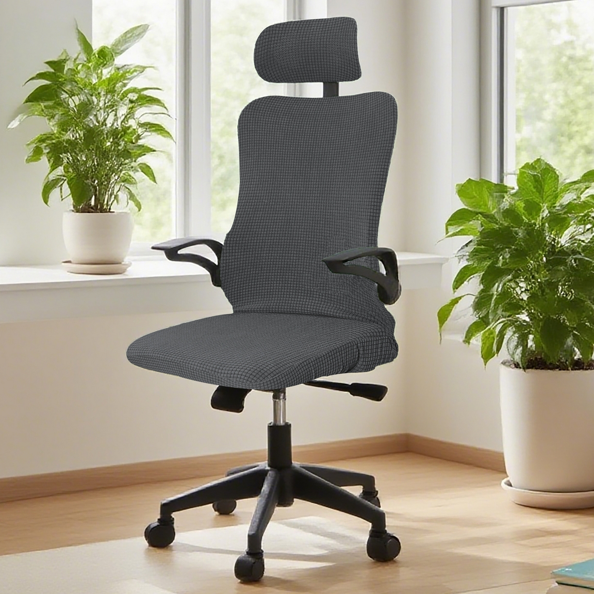 91家纺网 家纺一手货源 找家纺 壹零特色家纺 2025新款弹力玉米粒防水华夫格头枕椅套 豪华办公椅子套 深灰