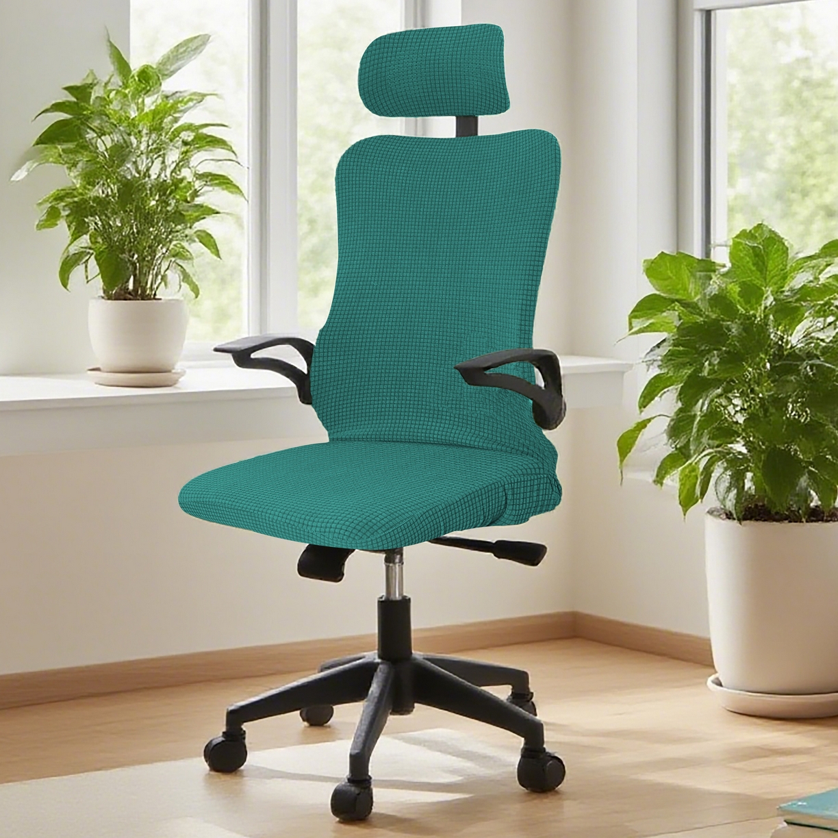 壹零特色家纺 2025新款弹力玉米粒防水华夫格头枕椅套 豪华办公椅子套 翠绿