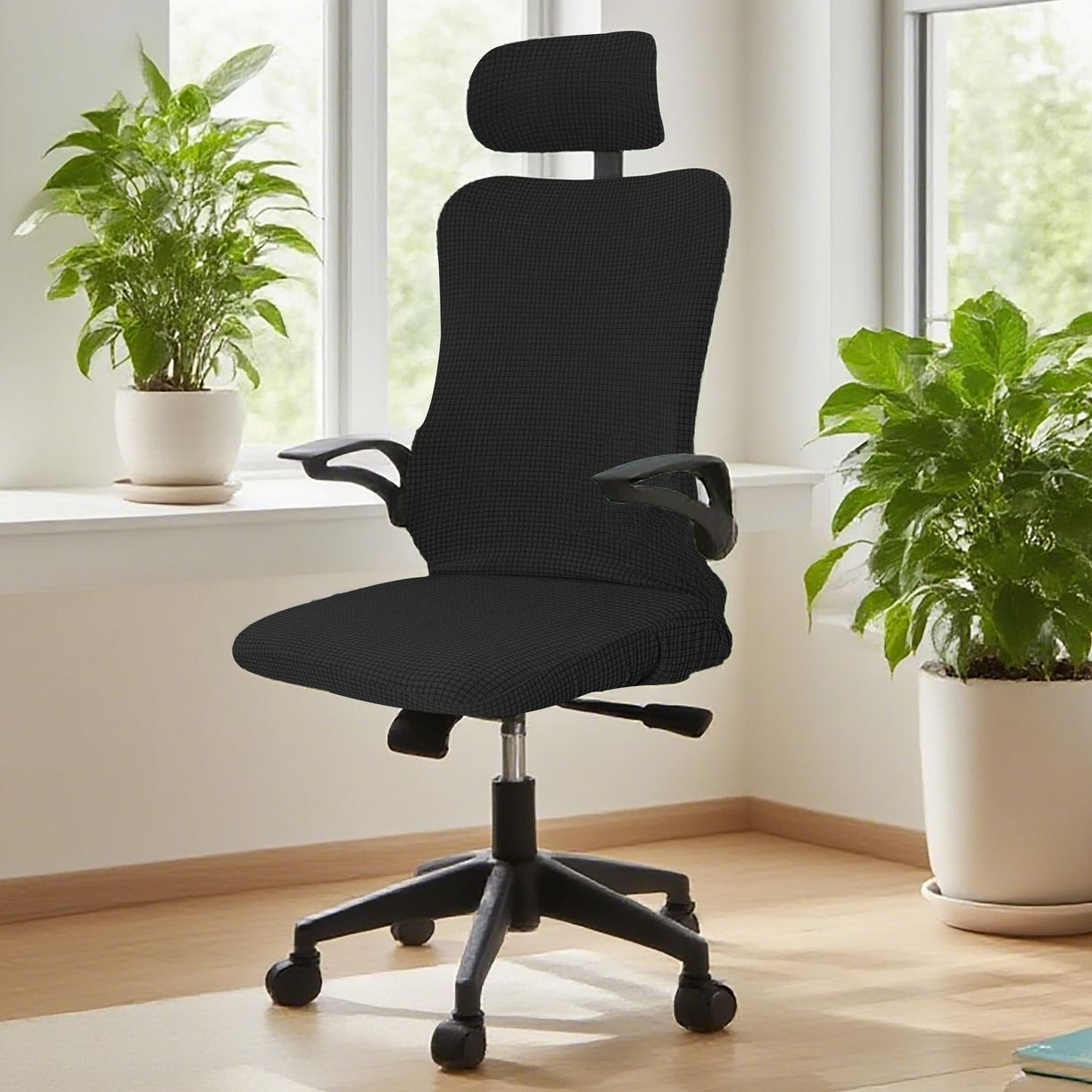 91家纺网 家纺一手货源 找家纺 壹零特色家纺 2025新款弹力玉米粒防水华夫格头枕椅套 豪华办公椅子套 黑色