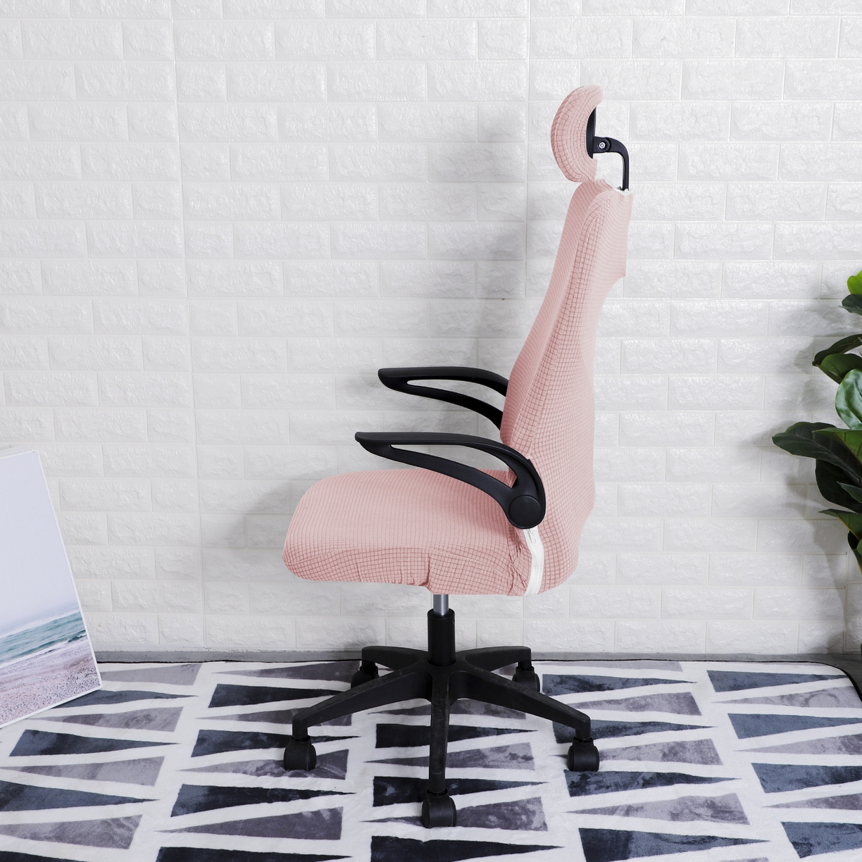 91家纺网 家纺一手货源 找家纺 壹零特色家纺 2025新款弹力玉米粒防水华夫格头枕椅套 豪华办公椅子套 藕粉