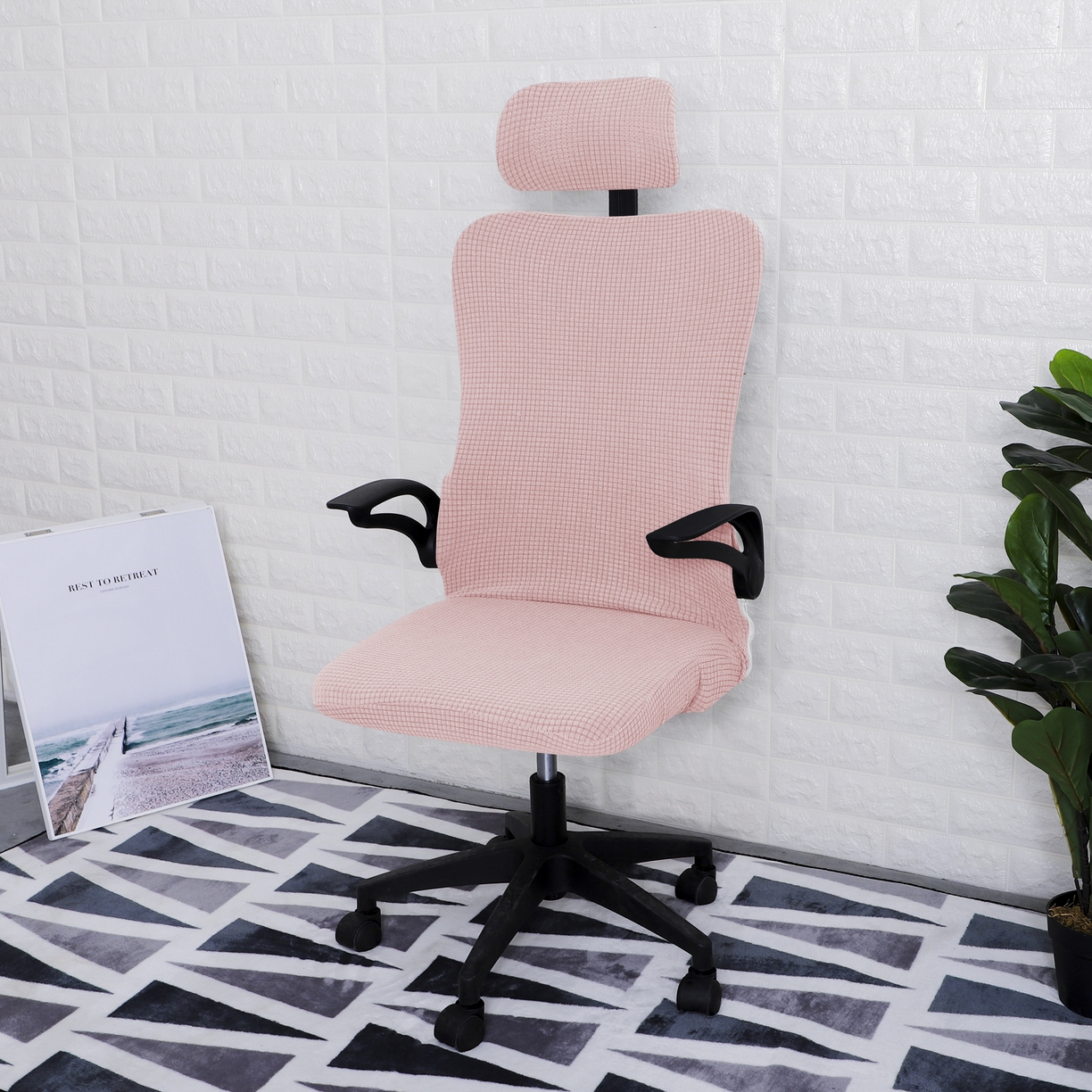 91家纺网 家纺一手货源 找家纺 壹零特色家纺 2025新款弹力玉米粒防水华夫格头枕椅套 豪华办公椅子套 藕粉